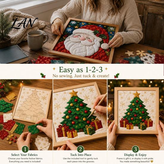 Handmade Santa Snowman Reindeer Crafts DIY Christmas Fabric Art Painting Kit, 3D Patchwork Wall Decor Making Creative Activity for Family Set