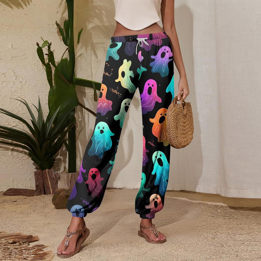 Women's Halloween Print Casual Jogger Pants with Drawstring Elastic Waist and Cuffed Hem