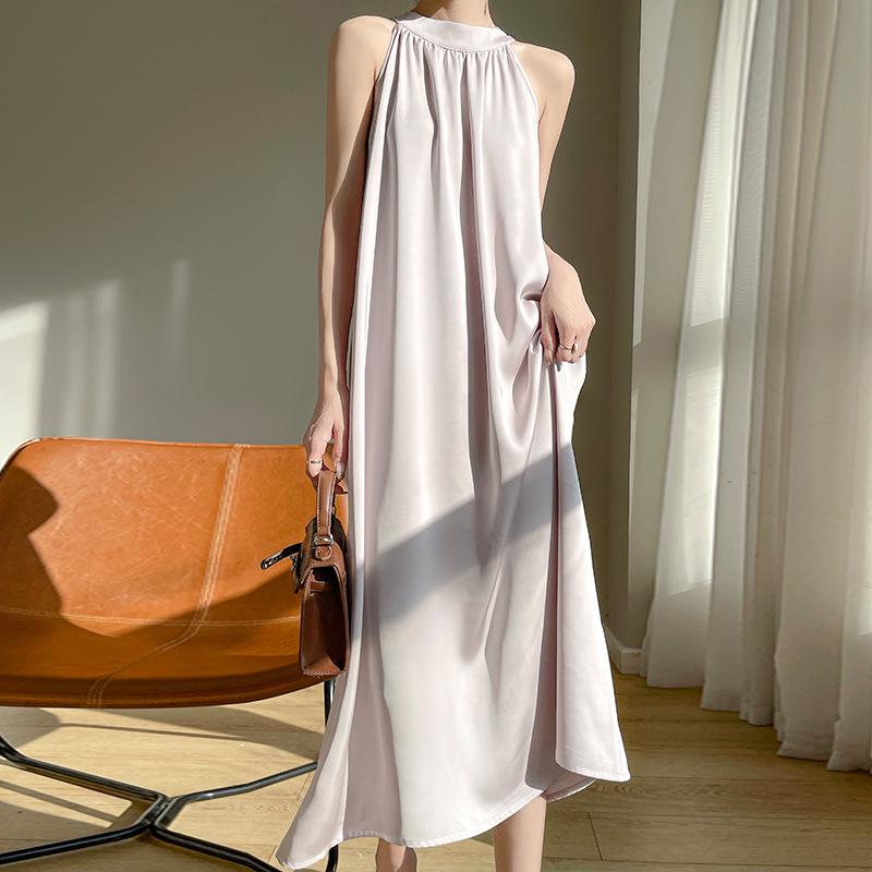 2024 Summer Women's French Retro Acetate Satin Halter Neck Sleeveless Dress