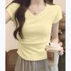 Women's Summer Slimming Pleated V-Neck Cropped T-Shirt, Pure Cotton, Short-Sleeved, Trendy 2026.