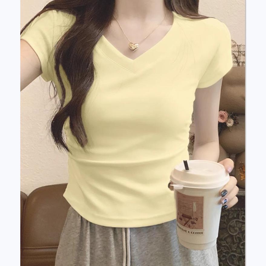 Women's Summer Slimming Pleated V-Neck Cropped T-Shirt, Pure Cotton, Short-Sleeved, Trendy 2026.