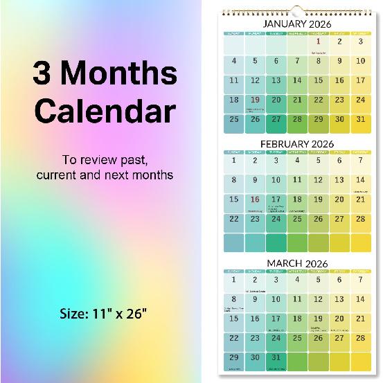 2026 Wall Calendar - 3 Month Wall Calendar 2026 Vertical, Dec. 2025 - Jan. 2027, 11.3" x 26", Calendar 2026, Lay - Flat, Holidays, Blocks
