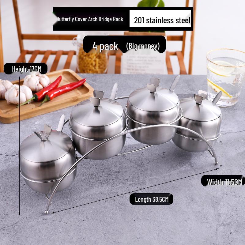 Gold Korean-Style Seasoning Jars, 201 Stainless Steel with Glass Lids On Tray, for Restaurant Use.