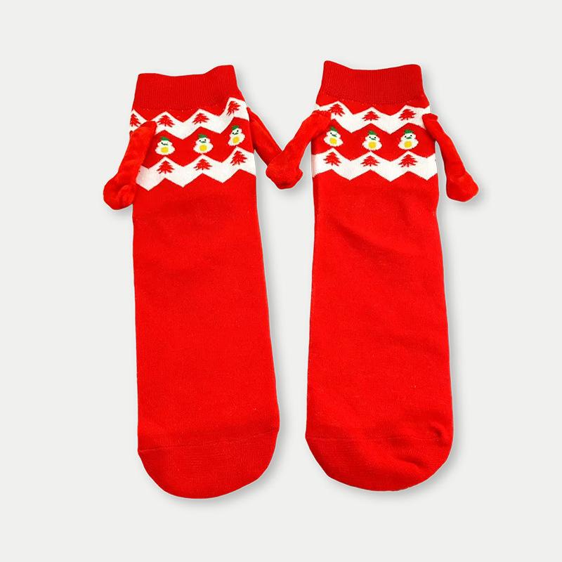 Creative Christmas Magnetic Couple Socks Funny Hand In Hand Design Stockings Red Cotton Mid-calf Unisex Japanese Style Cute Sock