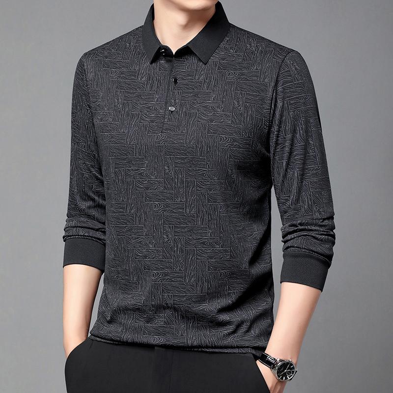 Spring Autumn Polo Shirts Men Business Casual Elastic Polos Solid Color Print Long Sleeve Tees