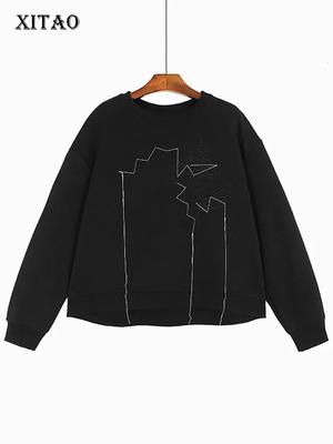Felpe Girocollo Patchwork Ricamate Pullover Larghe Tinta Unita Casual Top DMJ3172