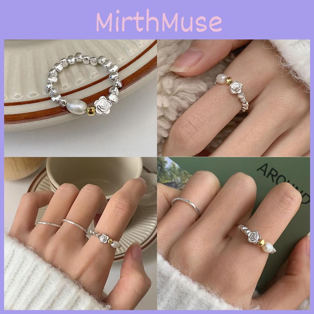 Elegant Korean Floral Design Pearl Ring For Women With Copper Material And Elastic Band