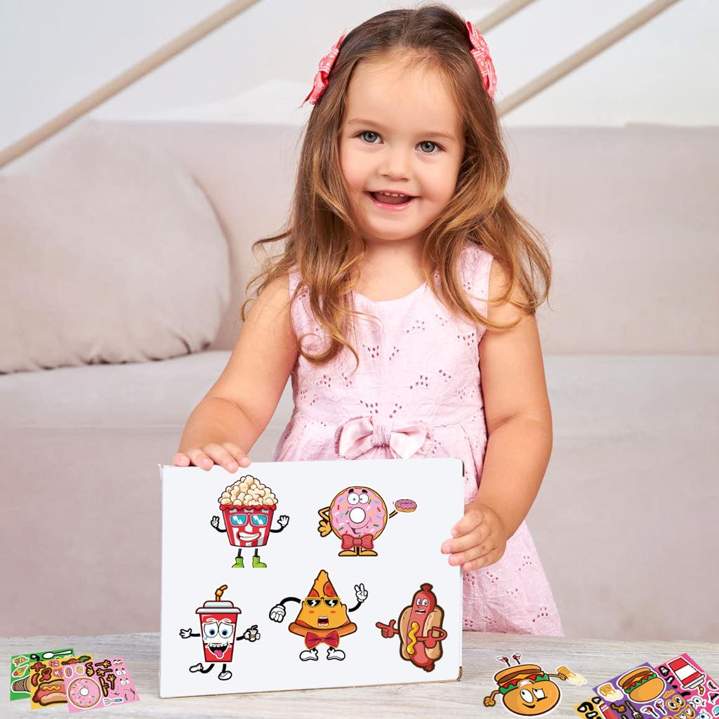 8/16Sheets Children Diy Puzzle Sticker Cartoon Burger French Fries Food Make A Face Change Stickers Educational Toys Party Gifts