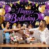 Purple Gold Birthday Banner Happy Birthay Party Decorations for Women, Large Happy Birthday Backdrop Banner Sign, Black Purple Birthday Party Decor