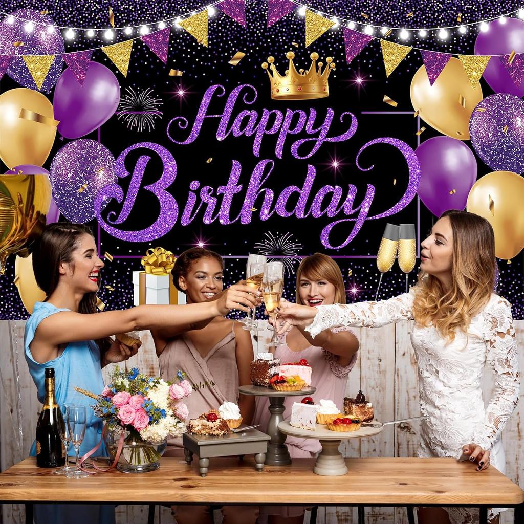 Purple Gold Birthday Banner Happy Birthay Party Decorations for Women, Large Happy Birthday Backdrop Banner Sign, Black Purple Birthday Party Decor