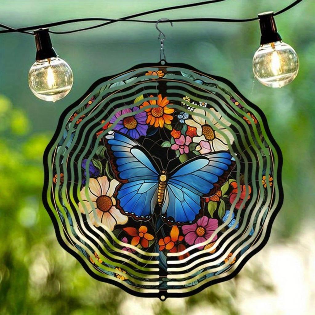 1pc Blue Butterfly & Floral Mandala Wind Chime - 2D Printed, No-Battery Metal Art for Outdoor, Garden, Balcony Decor - Elegant Hanging Ornament
