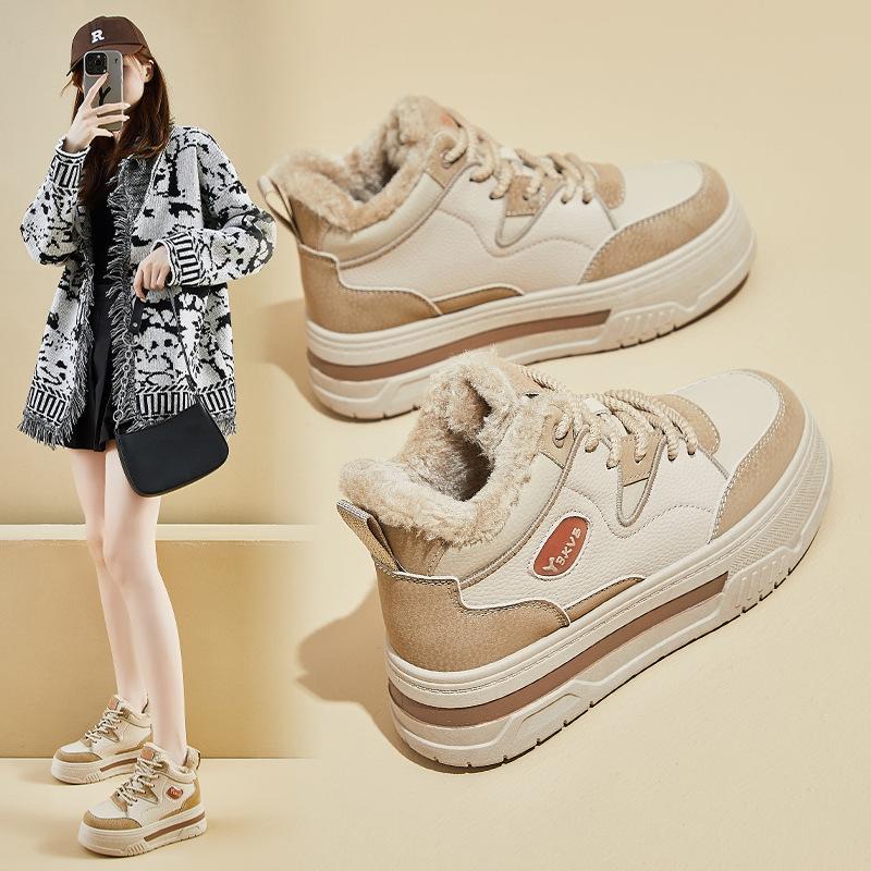 Winter-Plateau-Schneestiefel für Damen, mit Kunstfell gefüttert, kurze Booties, Schnürschuhe, Wanderschuhe, bequeme Damen-Sneakers aus PU-Leder, rutschfest, warm, Stiefeletten