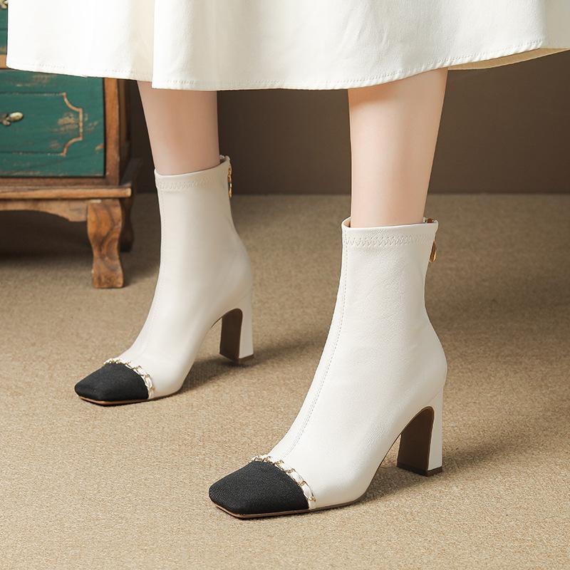 

Chain Small Leather Boots Skinny Boots Coarse Heel Short Boots Elastic High Heel Single Boots Square Head Autumn 36