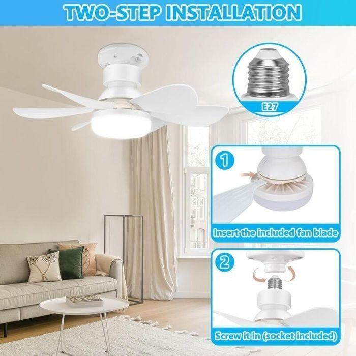 Ventilateur de plafond silencieux 52 cm avec lampe E27, 6 pales, 40W, 3 vitesses - Blanc
