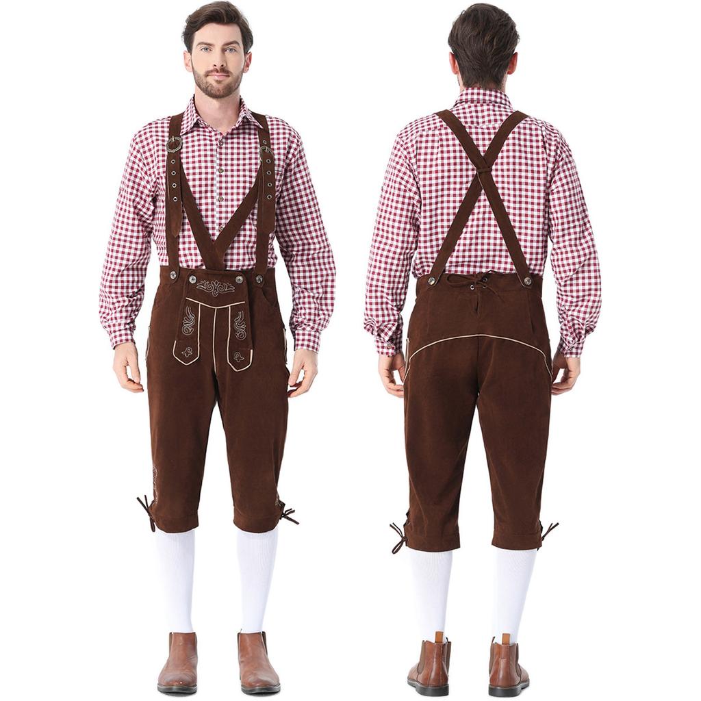 Men's German Bavarian Oktoberfest Costume Set Long Sleeve Plaid Shirt with Suspenders Pants, 2-Piece Outfit