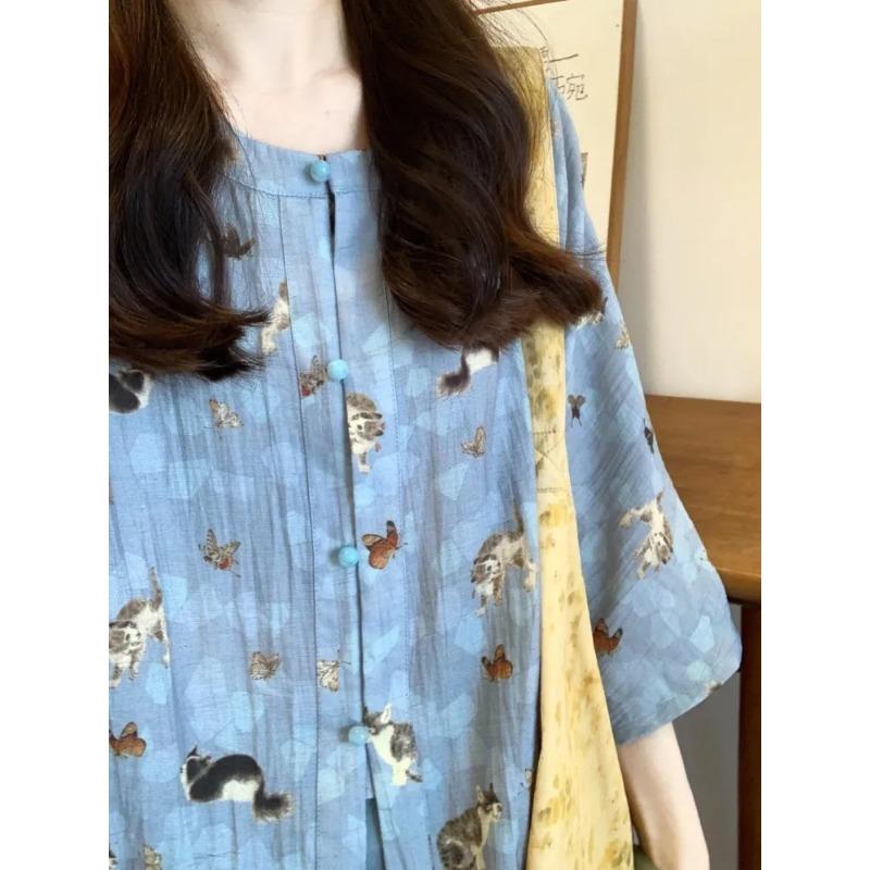 

Women s Blue Blouse Casual Manin Collar Half-Sleeve Print Loose Linen Top L синій