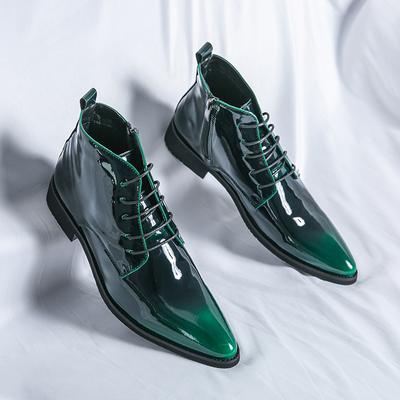 Fashion Luxury Chelsea Boots Men's Shiny Leather Shoes Pointed High Top Shoes Men's Banquet Dress Shoes High-end Purple Red Short Boots