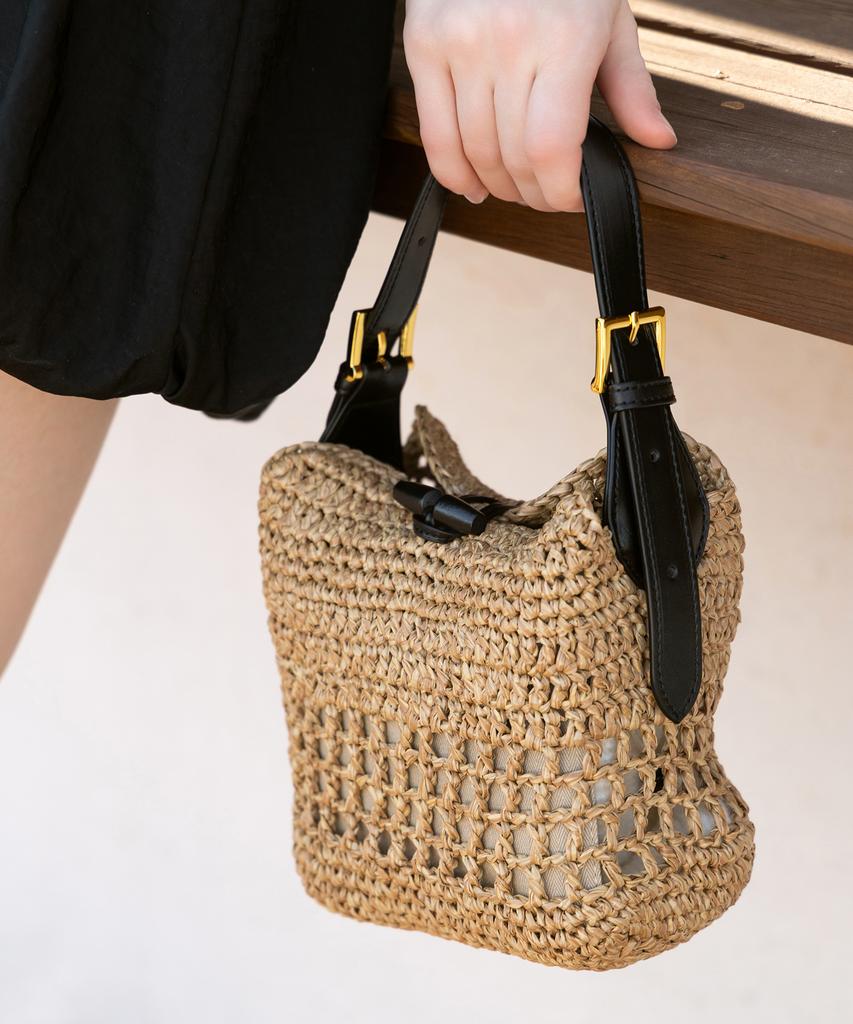 Tatiana Onda Black Strap Natural Woven Raffia Tote Bag Bg8252