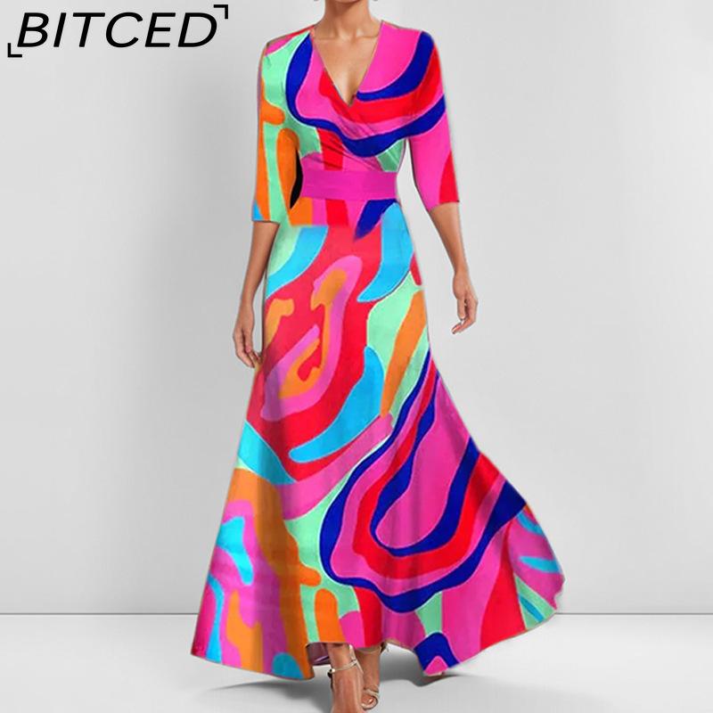 BITCED Women's Fashionable Elegant V-Neck Printed Tie-Waist Full-Skirted Dress