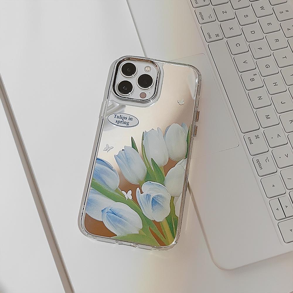 Temperament Gentle Blue Tulip IPhone16 Suitable for 14promax Apple 15 Mobile Phone Case Flower Makeup Mirror 11 Hard