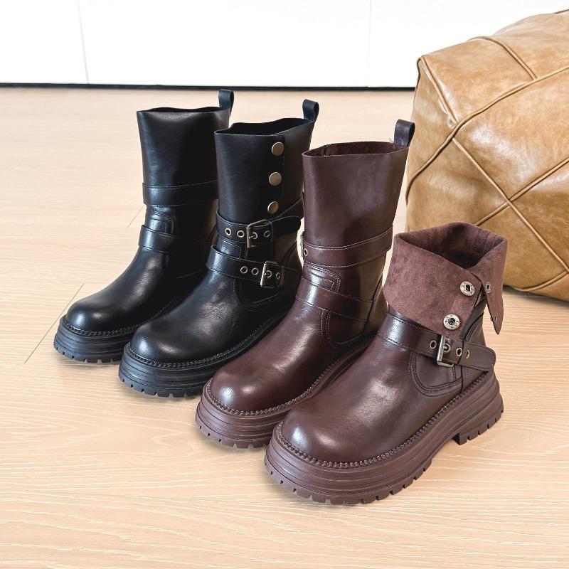 Version black leather Martin boots women's thick heel thick sole height can be folded two wear retro western boots short boots