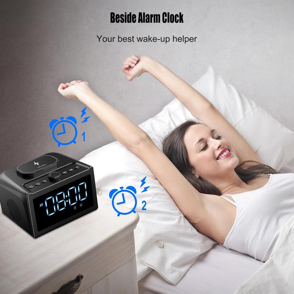 Alarm Clock for Bedroom, Digital Clock FM Radio with 15W Wireless Charging, 10W Loud Stereo Bluetooth Speaker with AUX TF USB Input, 6 Sleep White
