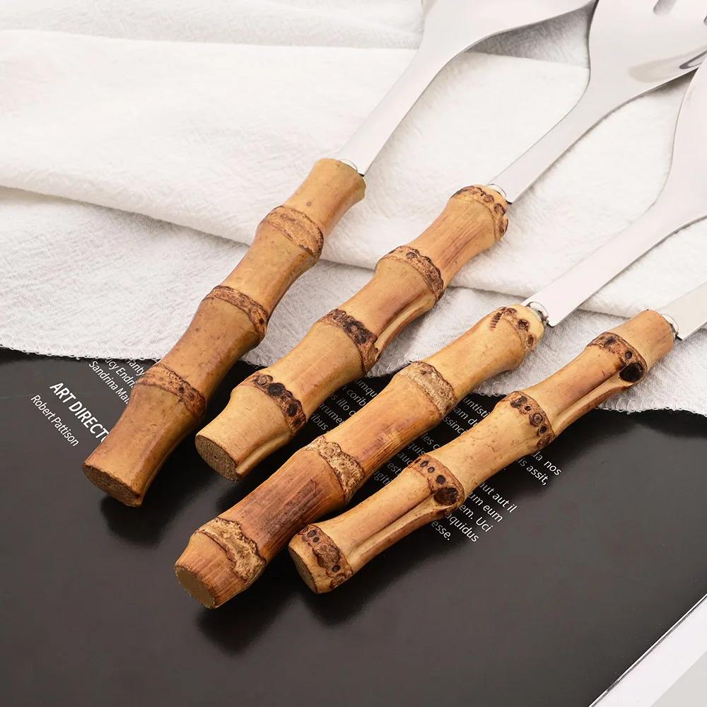 2/4Pcs Long Handle Serving Spoon Fork Bamboo Wooden Handle Salad Spork Kitchen Stainless Steel Tableware Cutlery Dinnerware Set
