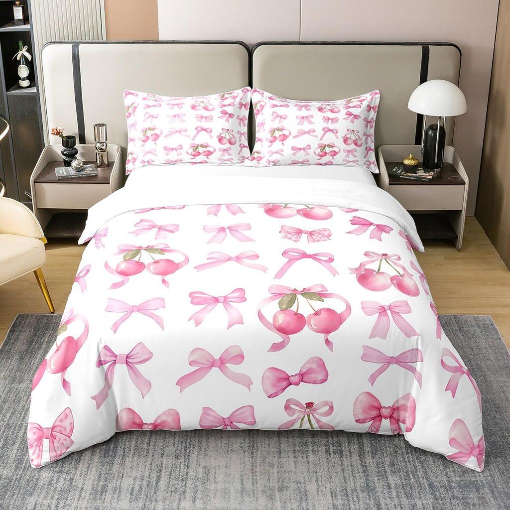 Pink Bowknot Duvet Cover Twin Queen Dreamy Princess Style Comforter Cover Microfiber Bow Tie Butterfly Knot Kawaii Bedding Set