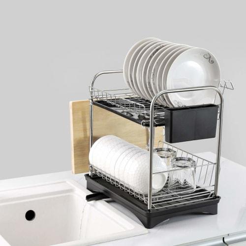 Leimish Two-Tier Dish Drainer, Stainless Steel, Rust-Proof, Automatic Drainage, Dish Drainer, Dish Holder, Chopstick Holder, Large Capacity, Kitchen S