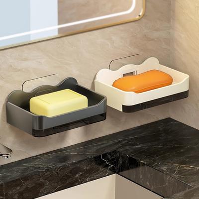 Free-Punching Wall Mounted Sticker Soap Sponge Holder Organizer Double Drainage Dish With Hooks Accessories Bathroom Soap Dishes