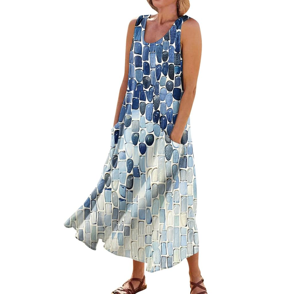 Sleeveless Dress For Women Women's Summer Casual Fashion Printed Sleeveless Round Neck Pocket Dress
