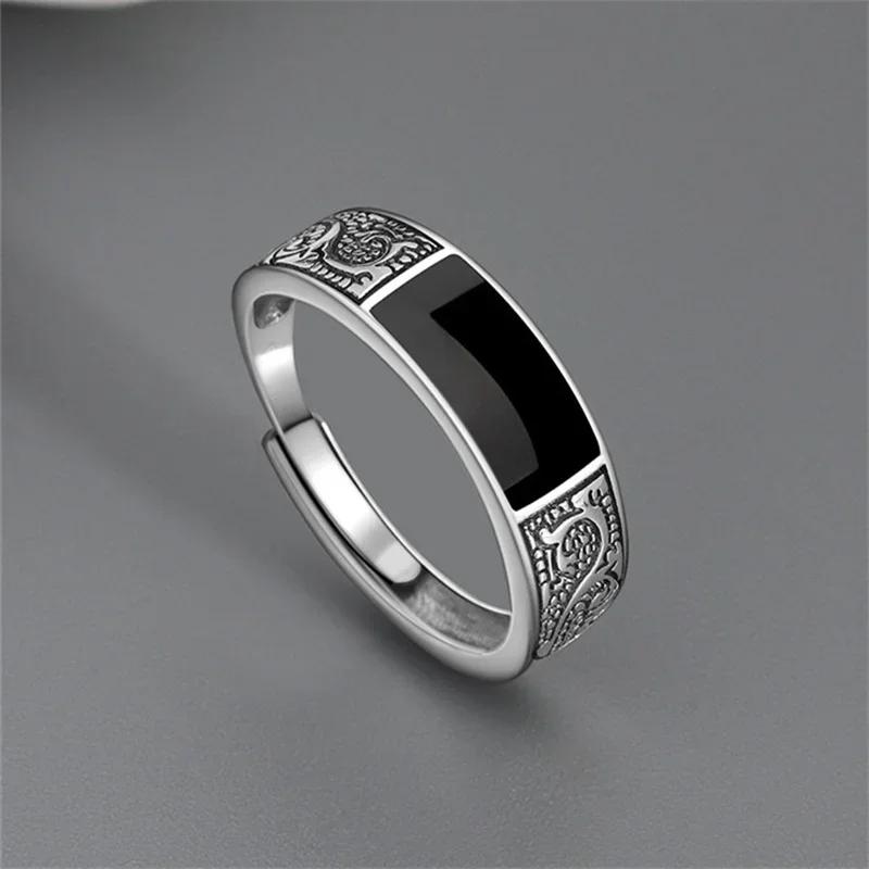Trendy 925 Sterling Silver Ring for Men Jewelry Black Rectangle Retro Dragon Pattern Ring Male Open Rings Finger Accessories