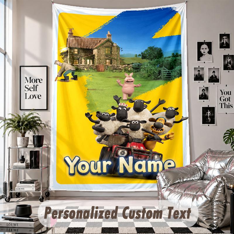 Wall Hanging Tapestry With Custom Name & Text, Shaun the Sheep Decorative Tapestry For Bedroom