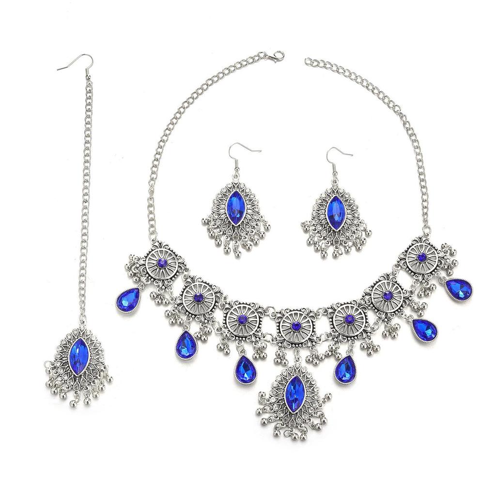Exotisches Strass-Augen-Quasten-Schmuckset: Halskette, Ohrringe, Stirnanhänger