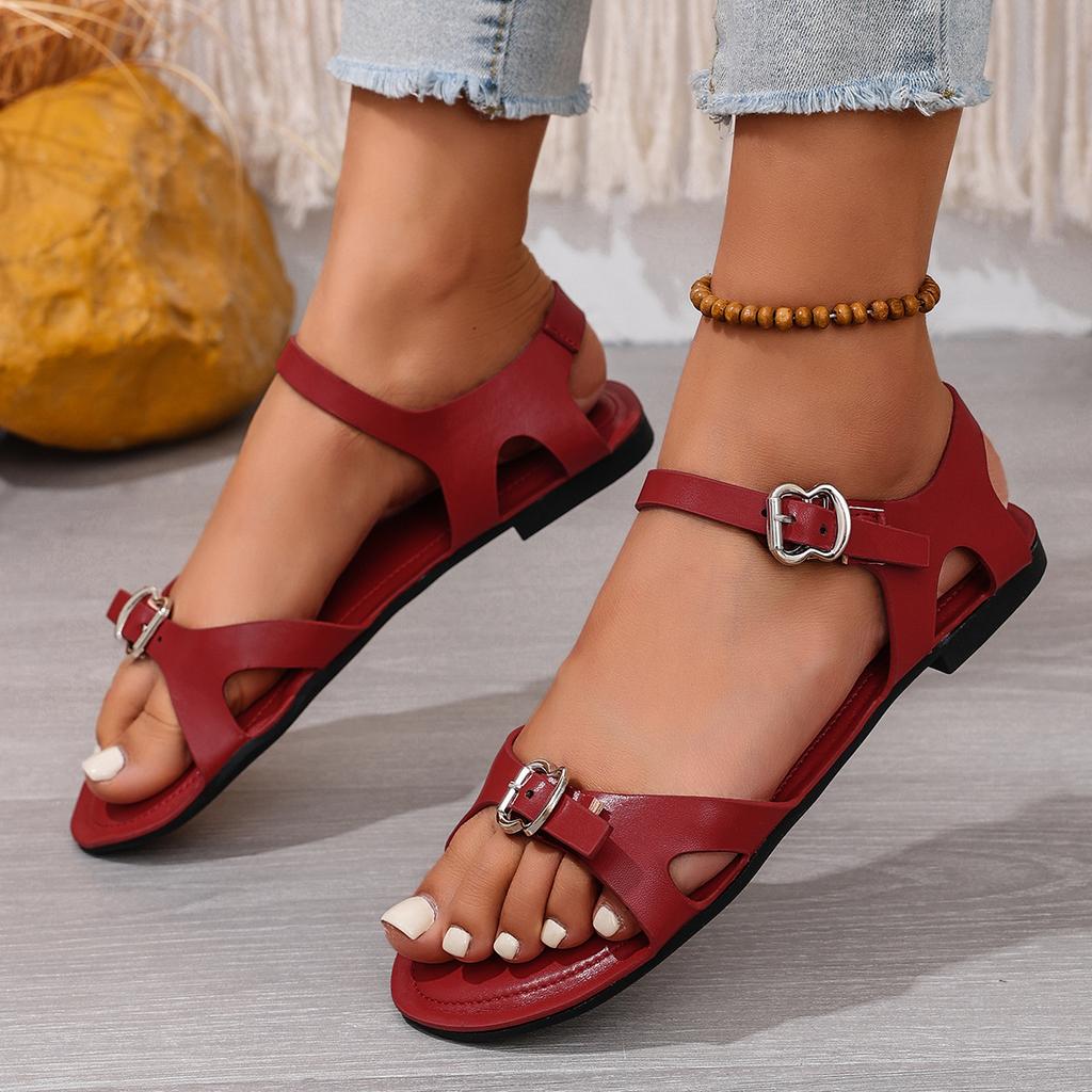 Fashion Minimalist Roman Sandals Women's Summer 2025 New Round Toe Metal Buckle Versatile Soft Sole Non-slip Strap Plus Size Flats