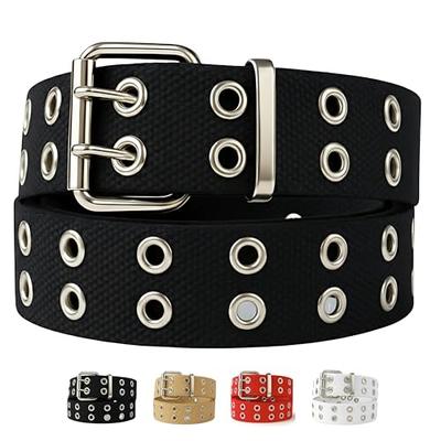 Double Grommet Belt Canvas Punk Style Web Belt Double Eyelet for Women Men Jeans 2 Hole Belts 1.5'' Wide