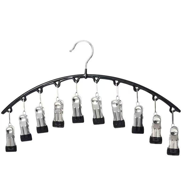 1pc Curved Shape Hanger, Metal Yoga Pants Hangers, Pants Hanger With 10 Clothespins, Space Saving Hanging Hangers, Closet Organizer W/Rubber Coated