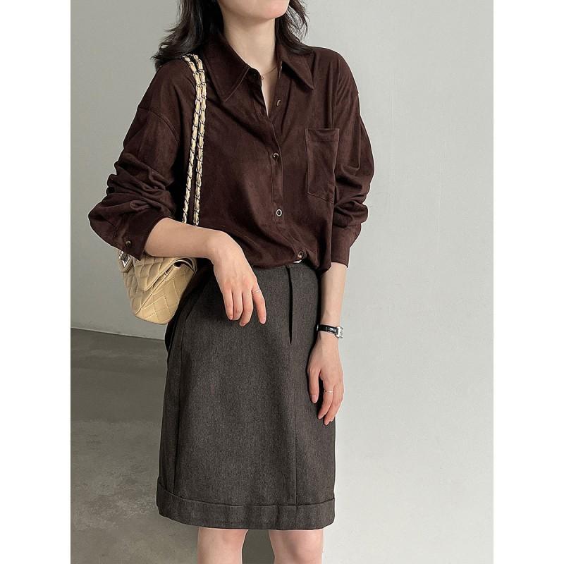 LUXI Vintage Faux Suede Shirt Women Loose Long Sleeve Blouse Workwear Layering