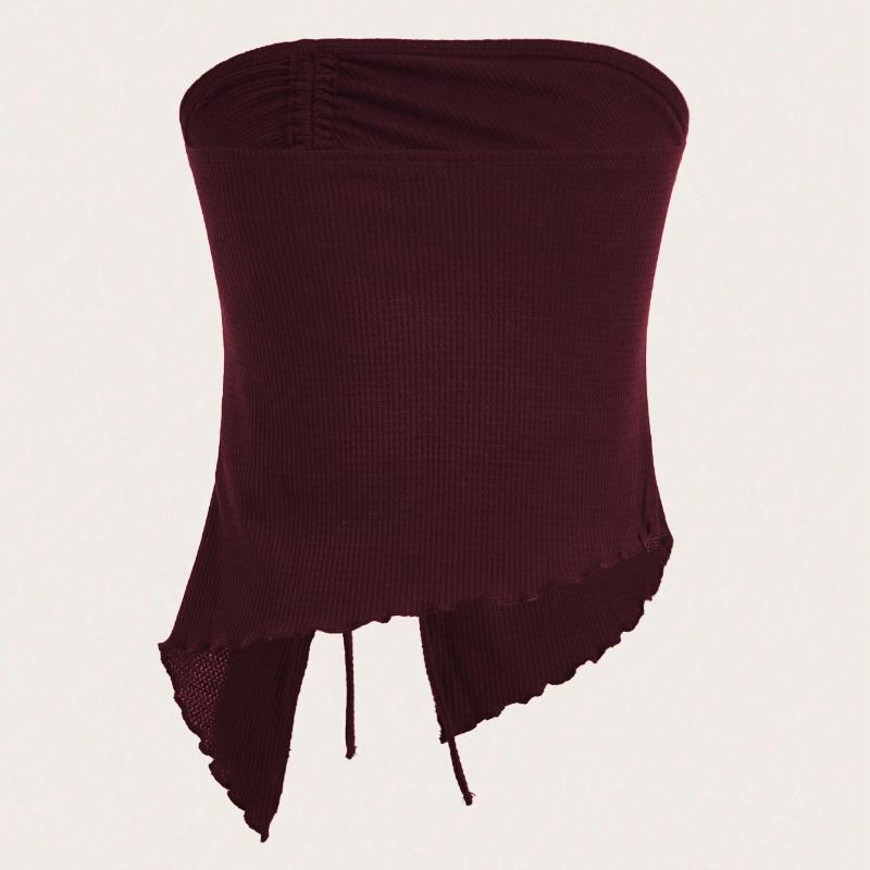 Ležérní jednobarevný top bez ramínek trubka bez rukávů nepravidelný boční rozparek topy se stahovací šňůrkou se zavazováním, tílko na ramenou sexy top na léto prázdniny