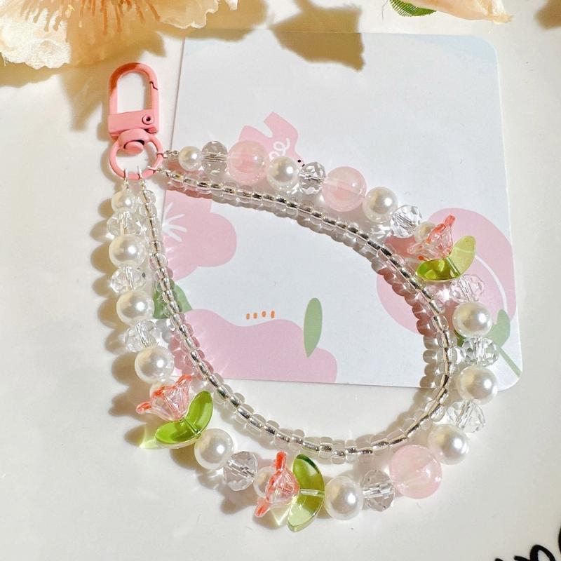 Double Layer Flower Beaded Pendant Phone Charm Hanging Rope Cute Phone Chain Strap Bag Decoration Keychain Accessories