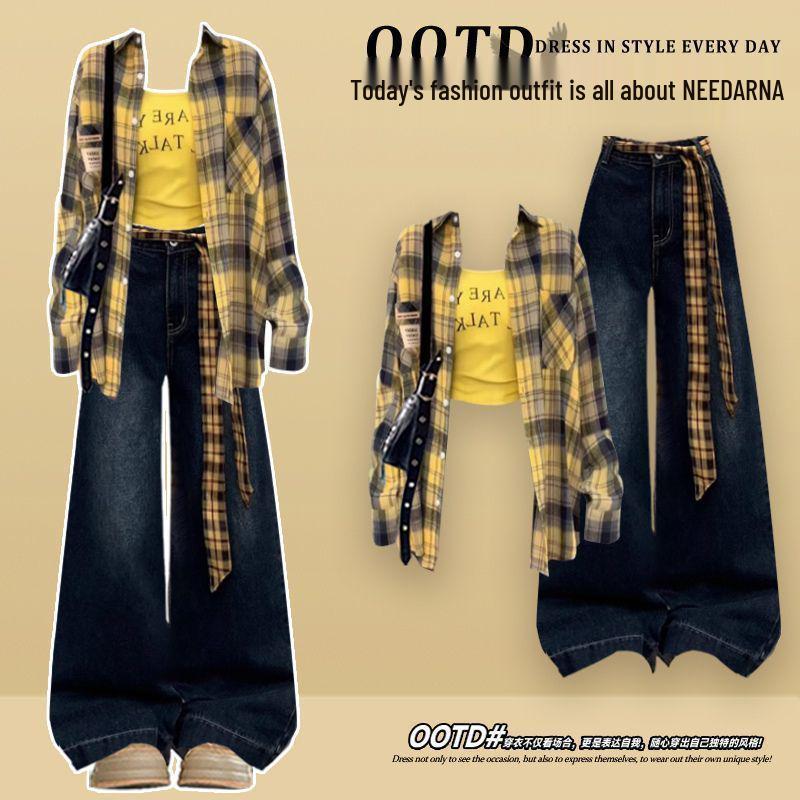 Damen 2026 Frühling Cool Spicy Stil Hemd, Top und Jeans Set