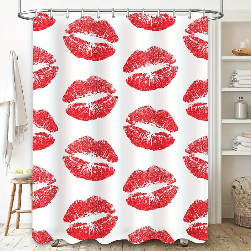 Red Lips Waterproof Shower Curtain Red Lipstick Pattern Bath Rug Decoration for Bathroom Accessories Set White Background One Si