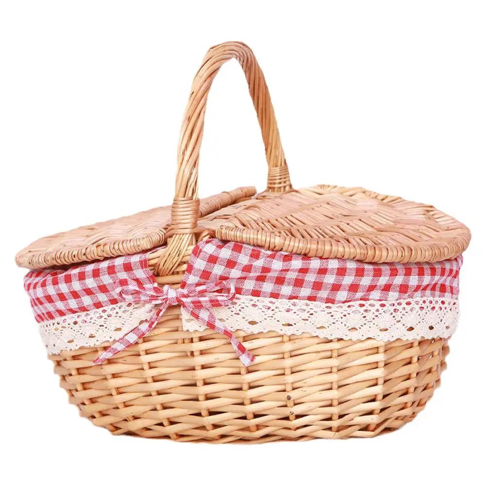 Wicker Picnic Basket with Lid Handheld Woven Basket Portable Storage Hamper for Fruits Snacks and Sweets for Outdoor Home Picnic