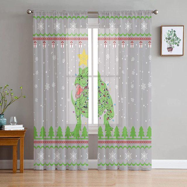 Merry Christmas Dinosaur Santa Claus Snowflake Sheer Voile Curtain Window Treatment For Living Room Party Backdrop Tulle Curtain