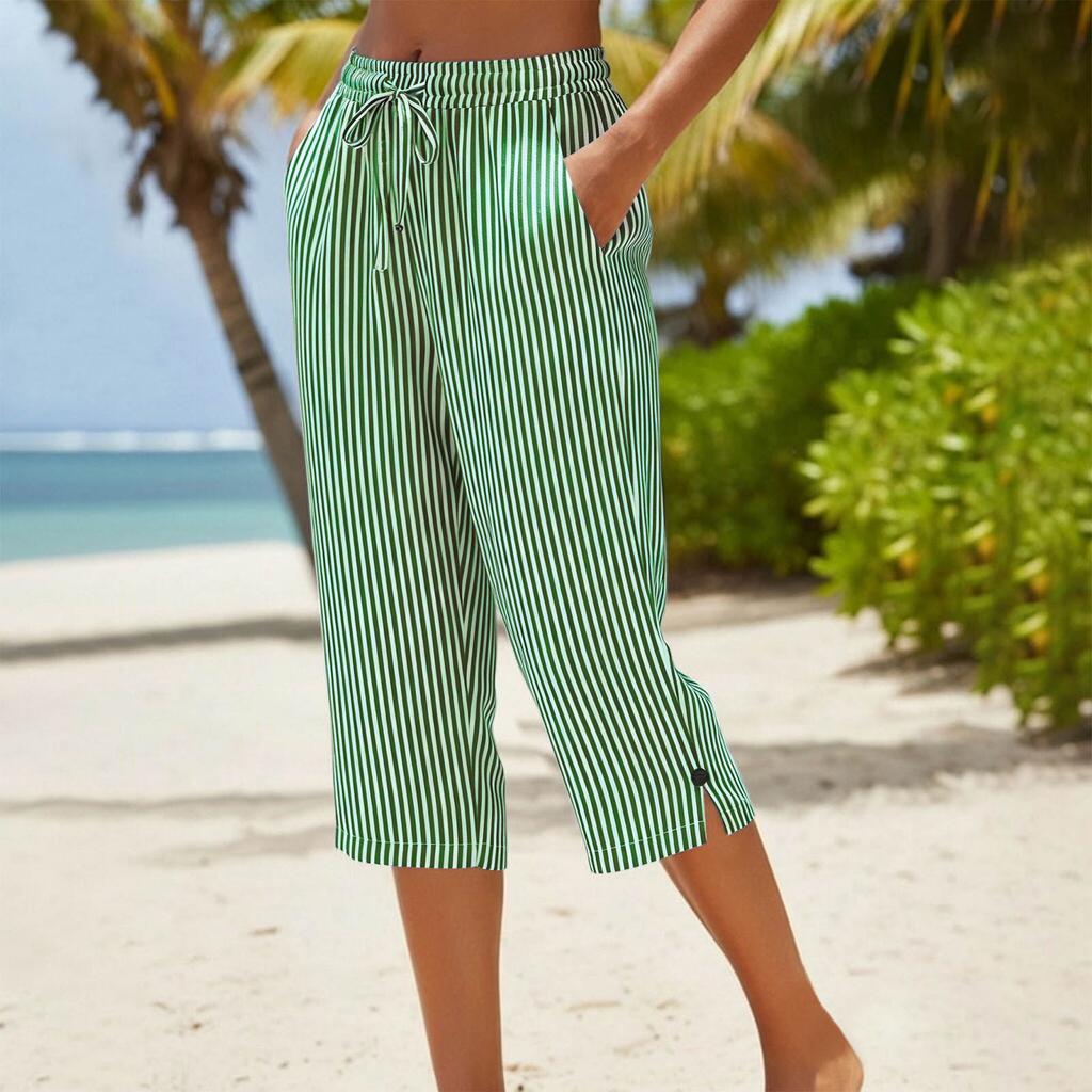 Damenmode Gestreifter Druck Elastischer Bund Locker Lässig Sieben-Achtel 7/10 Hose