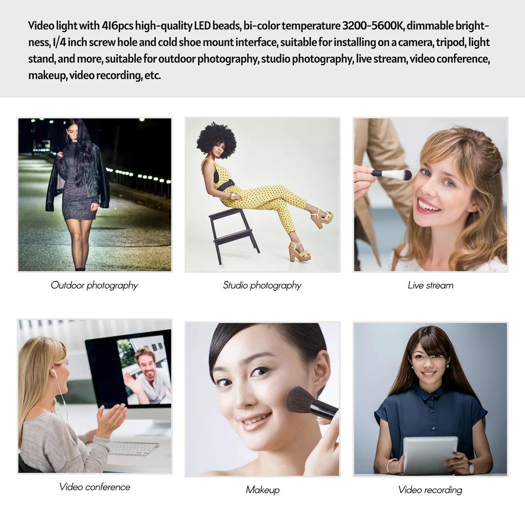 416 Led Lights Video Light 3200-5600k With 1/4" Screw Cold Shoe Ball Head Fill Lamp For Camera Camcorder Outdoor Photography