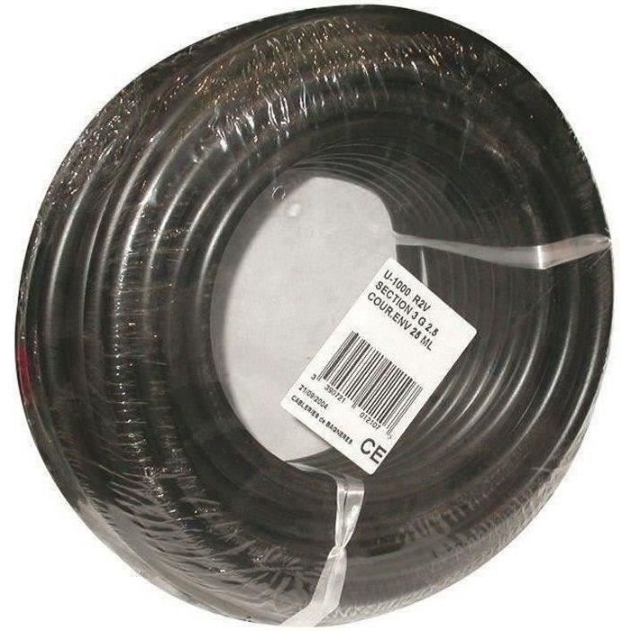 Câble rigide U-1000 R2V 3G2,5mm² 25m noir - ELECTRALINE - U1000 R2V - Intérieur - Plastique, cuivre