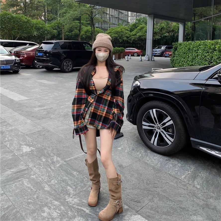 Vintage plaid polo collar shirt jacket women's spring and autumn Korean version loose shirt chic top
