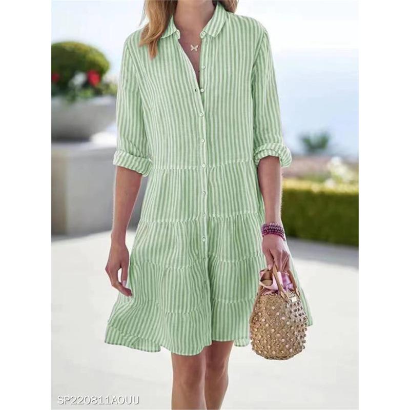 European and American women s clothing autumn long-sleeved women s striped shirt dress S