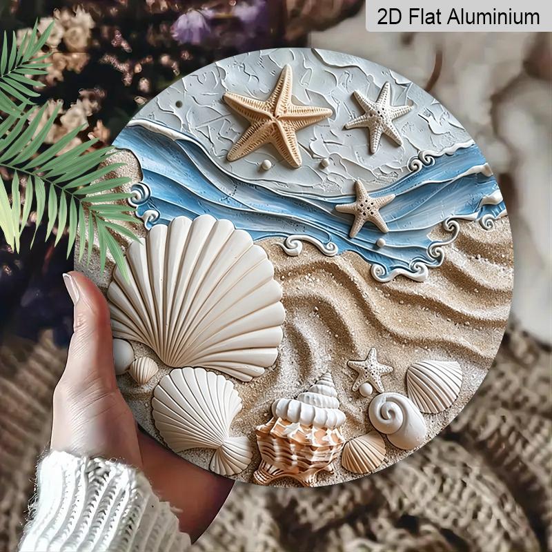 2D Flat, 1pc Round Aluminum Metal Sign Beach Starfish Shells Print Metal Sign, Waterproof & Rustproof, Perfect for Nautical Home, Beach House